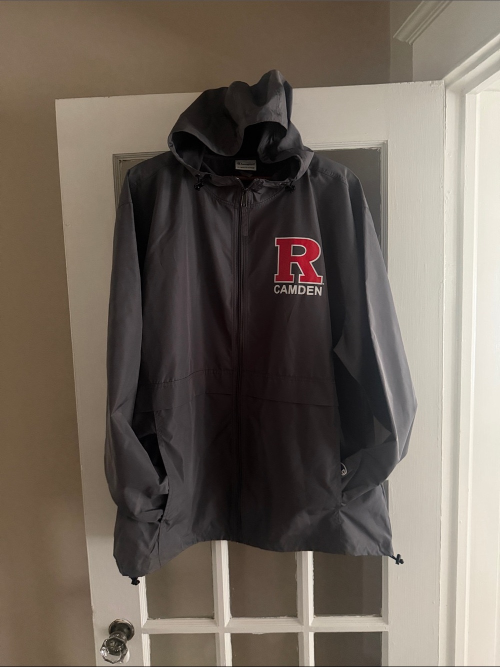 Rutgers Camden Champion Gray Hooded Windbreaker with Red 'R' - Picture 5 of 5